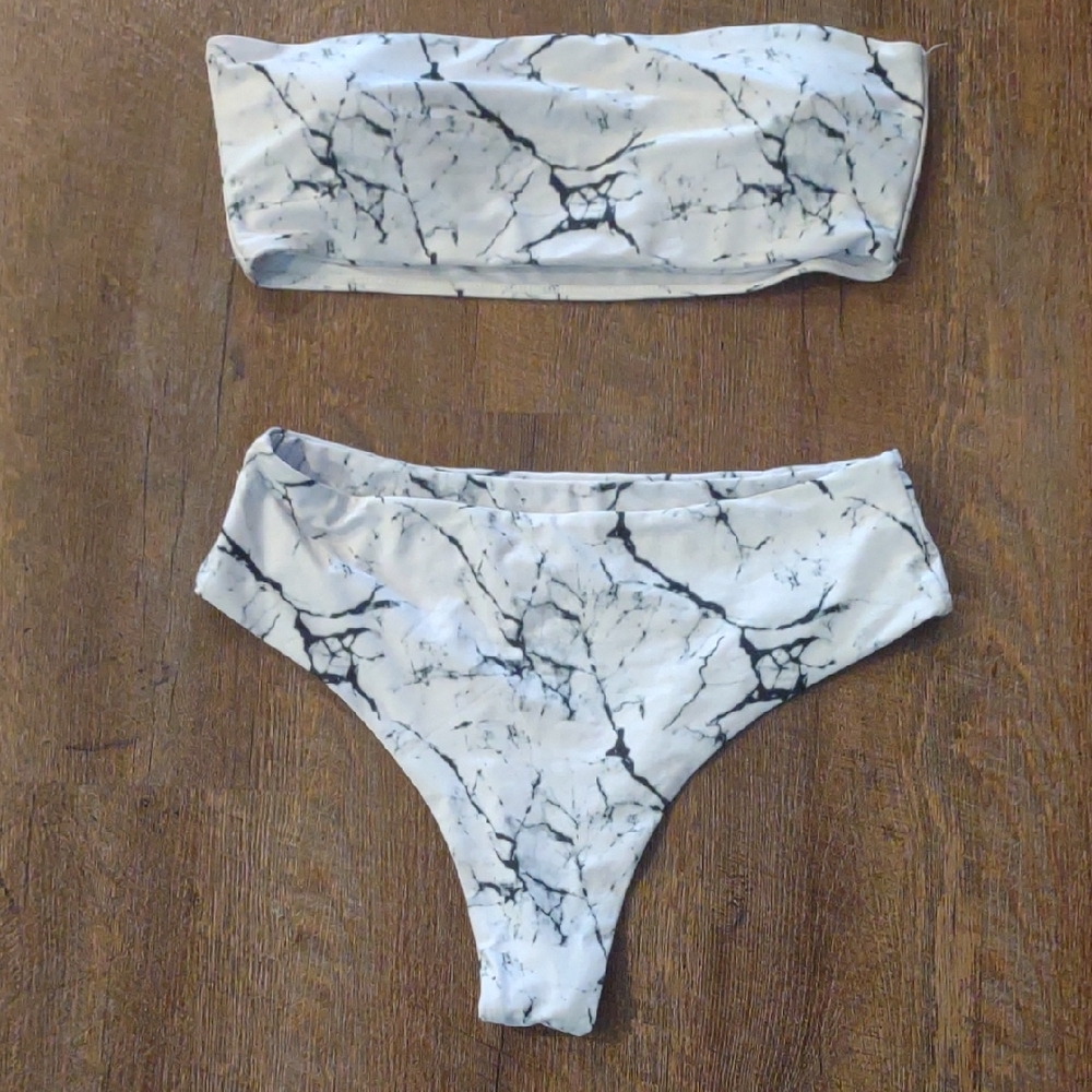 Zaful Navy White Marble Print Bikini Set‎ Women's Large